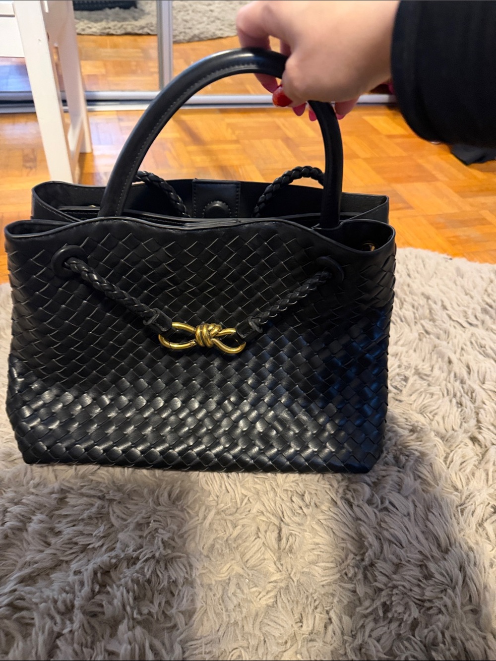 Black Woven Leather Tote Bag with Gold Accent